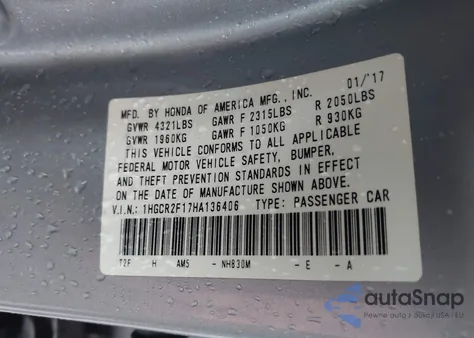 2017 Honda Accord Sport Se from USA, damaged, VIN 1HGCR2F17HA136406